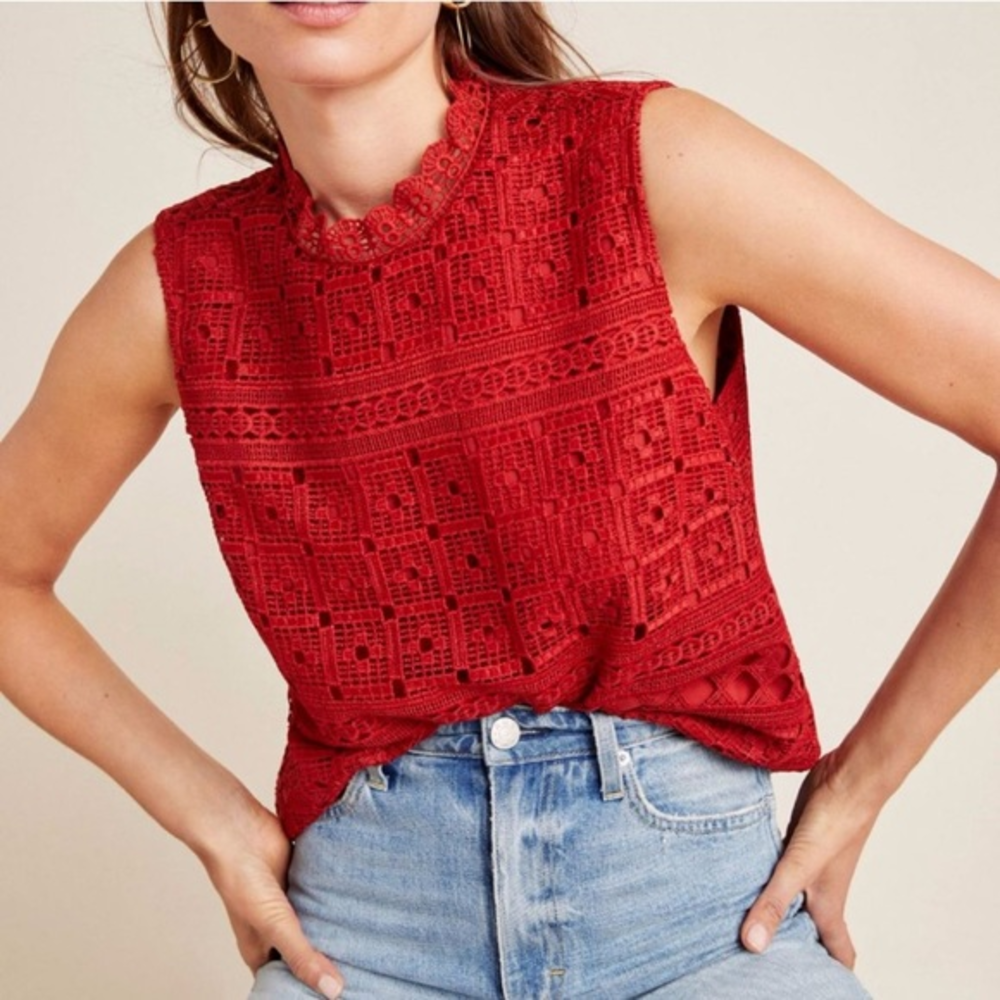 Anthropologie Daniel Rainn Red Lace Overlay‎ Blouse PXS